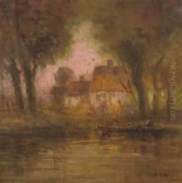 Riverside Cottages, British Landscape Oil Painting by Blythe Fletcher