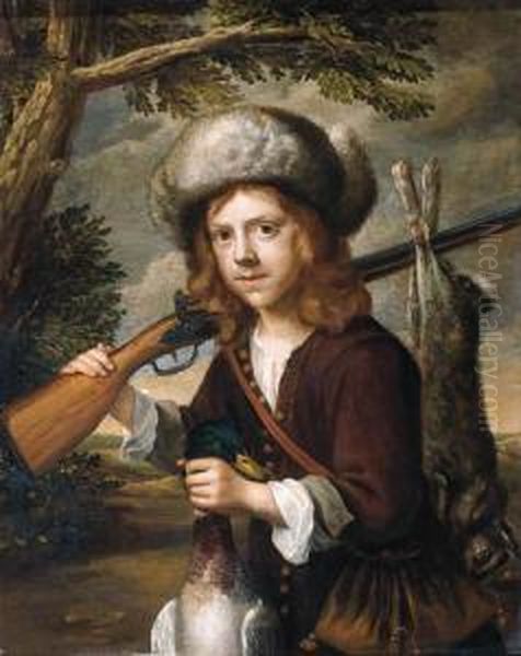 A Portrait Of A Youth, Standing 
Three Quarter Length In Alandscape, Holding A Dead Duck And A Rifle Oil Painting by Govert Teunisz. Flinck