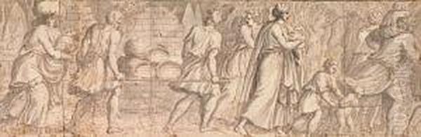 Procession With Men, Women And Children<</b> Oil Painting by Frans I Vriendt (Frans Floris)