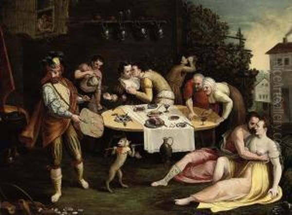 A Banquet With Elegant Company Courting Oil Painting by Frans I Vriendt (Frans Floris)