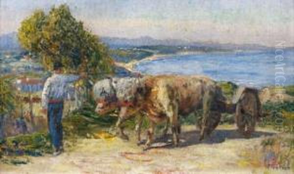 Le Paysan Et Ses Boeufs Sur La Cote Basque Oil Painting by Louis Floutier