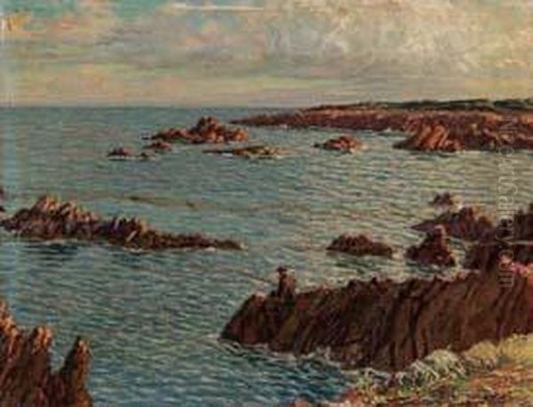 Pescatore Sugli Scogli Olio Su 
Cartonetelato, Cm. 27x35 Firmato Piero Focardi In Basso A Destra Oil Painting by Piero Focardi Del Garda