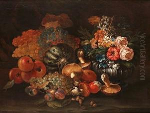 Mushrooms, Plums, Peaches, 
Grapes And Other Fruit In A Landscape With A Silver Gilt Vase Of 
Narcissi, Roses, Delphiniums And Other Flowers Oil Painting by Luca Forte