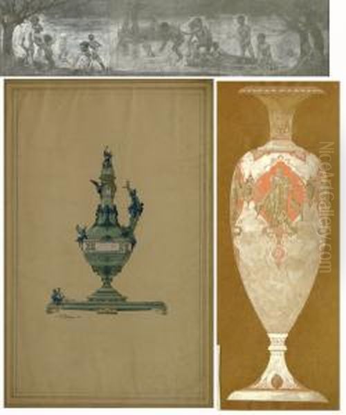Lot De 9 Etudes De Vases Et De Medaillons Oil Painting by Alexis Jean Fournier