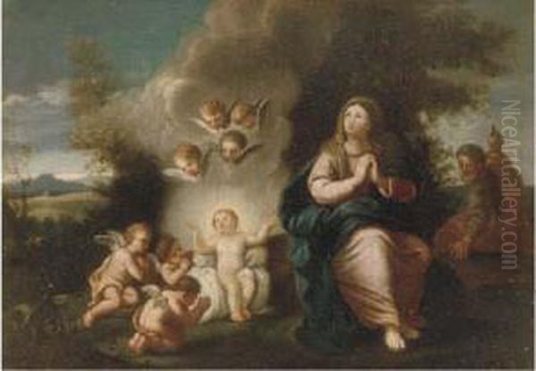 The Holy Family With The Infant Christ Being Adored By Putti Oil Painting by Marcantonio Franceschini