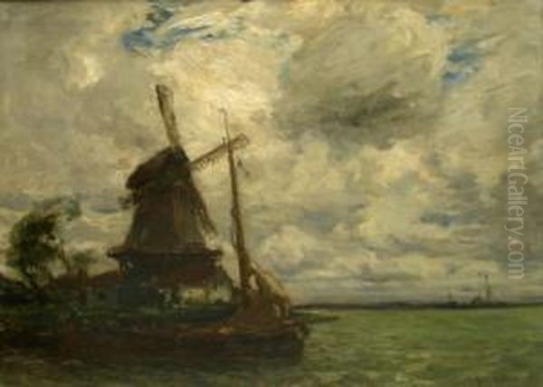 Windmill And Sailing Barge Oil Painting by Arthur A. Friedenson