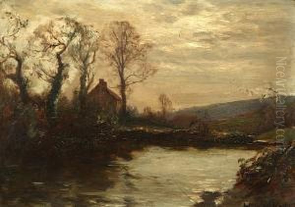 Twilight Landscape By A Riverside Oil Painting by Arthur A. Friedenson