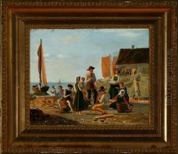 Fishermen Gathered Around The 
Catch Of The Day. Unsigned. Inscribed Verso J. Fritlaender. Oil On Canvas
 Mounted In Board. 23 X 28 Cm Oil Painting by Julius Friedlaender