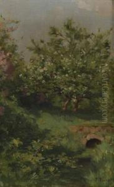 Cerisiers En Fleur Au Bord De Lariviere Oil Painting by Francois Furet
