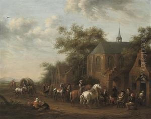 Figures On Horseback At Rest By An Inn Oil Painting by Barent Gael