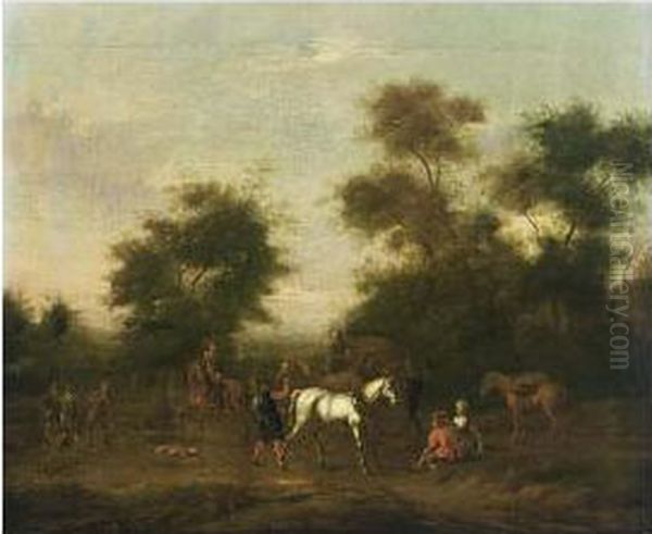 A Hunting Party Resting Near Trees Oil Painting by Barent Gael