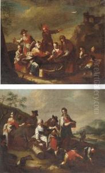Peasants Selling Fish In A 
Landscape; And Peasants Selling Wine And Chickens In A Landscape Oil Painting by Giuseppe Gambarini