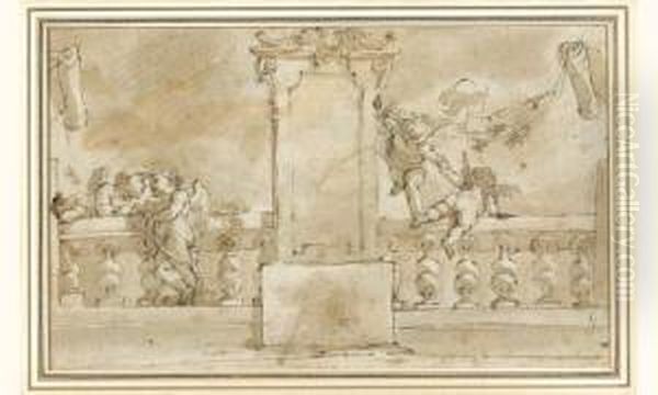 Putti Jouant Autour D'une Balustrade Oil Painting by Ubaldo Gandolfi