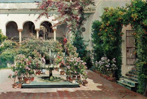 A Courtyard In Seville Oil Painting by Manuel Garcia y Rodriguez