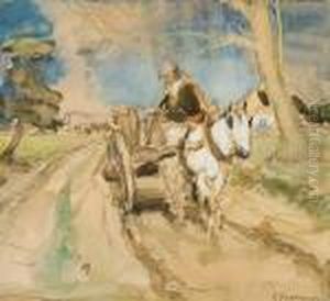 Cheval Tirant Une Charrette Sur Un Chemin Vicinal