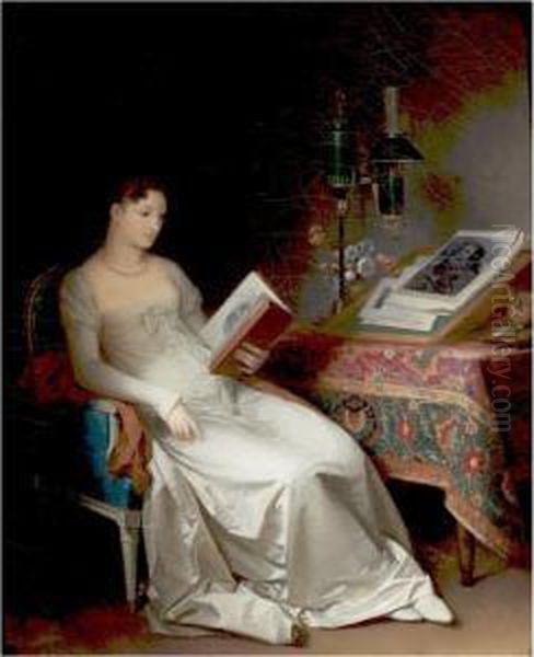 An Elegant Interior With A Lady 
Reading, A Lamp And Vase Of Flowers Together With A Lectern Resting On A
 Table Draped With A Tapestry Oil Painting by Marguerite Gerard