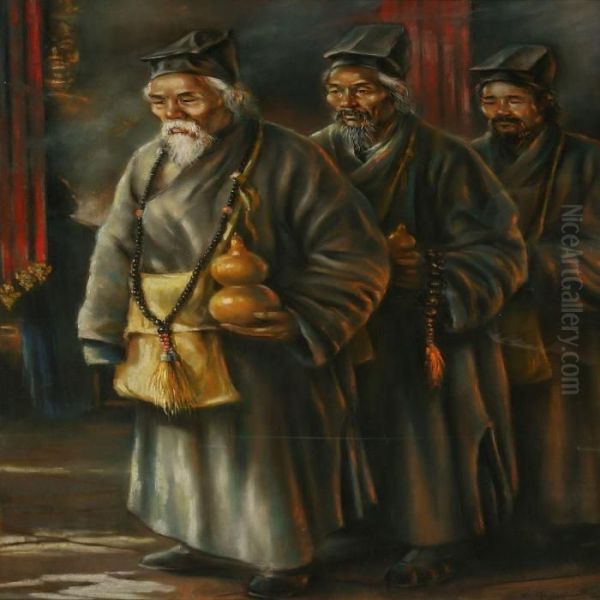 Three Chinese In Procession Oil Painting by I. Gerassimoff