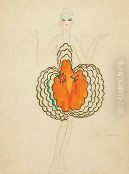 A Pencil And Watercolour Costume Design For Mistinguett Oil Painting by Charles, Carl Gesmar