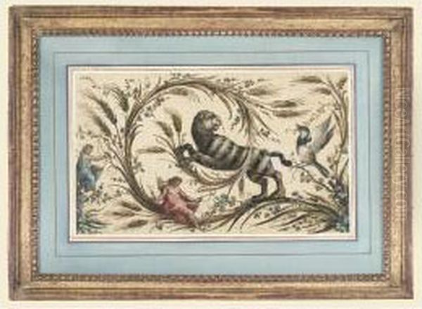 Projet Decoratif Avec Figures 
Drapees, Oiseau Et Lion [, Decorative Project With Draped Figure, A Bird
 And A Lion, Gouache, Pen And Brown Ink ] Oil Painting by Felice Gianni