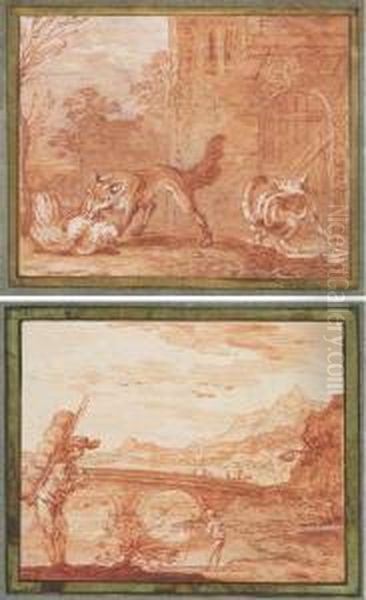 Les Deux Sources (livre Iii, 
Fable 7); Et Le Renard Et Le Chat(livre I, Fable 4): Deux Illustrations 
Pour Les Fables De Lamotte Oil Painting by Claude Gillot