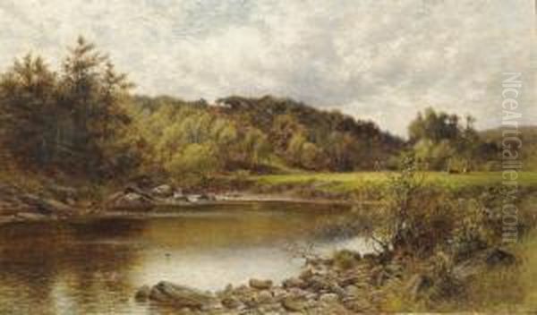 River Landscape With Cattle In A Sunlit Meadow Oil Painting by Alfred I Glendening