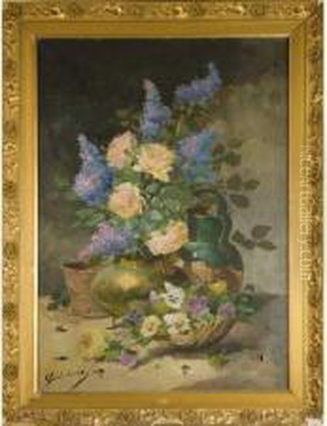 Fleurs Aux Pichet De Cuivre Et 
Crucheen Terre Vernissee. Huile Sur Toile Signee En Bas A Gauche. 91cm 
X64cm Oil Painting by Emile Godchaux