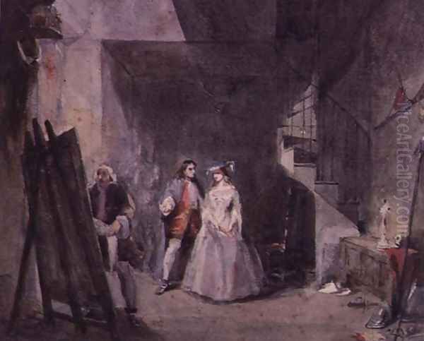 Interior of an artist's studio with figures in 18th century costume Oil Painting by George Cattermole