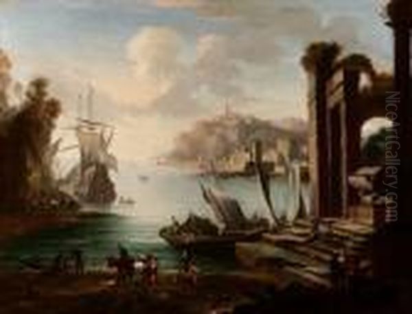 Marina Con Porto E Rovine Oil Painting by Gennaro Greco, Il Mascacotta