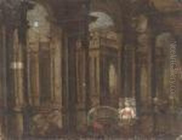 A Capriccio Of A Palace Courtyard With Figures Playing Music Anddancing Oil Painting by Gennaro Greco, Il Mascacotta