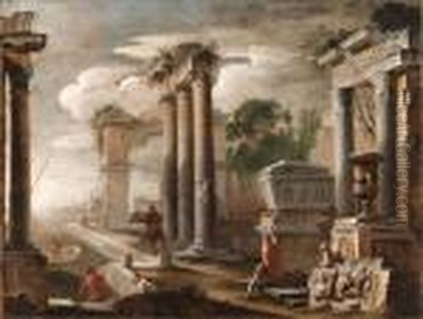 A Mediterranean Port With Banditti Resting By Classical Ruins Oil Painting by Gennaro Greco, Il Mascacotta