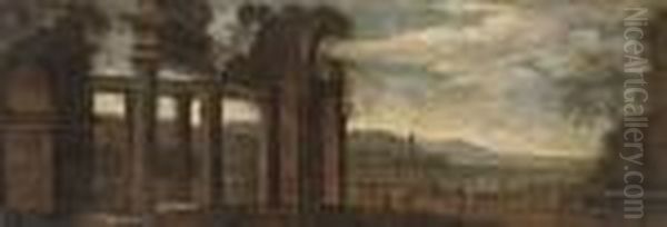 A Capriccio Of Classical Ruins By A Mediterranean Harbour Withfigures In The Foreground Oil Painting by Orazio Grevenbroeck
