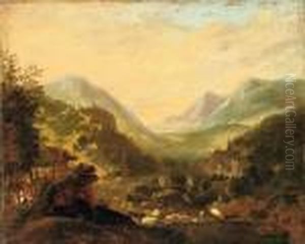 A Rhenish Landscape With 
Travellers And Figures In Moored Boats Near A Castle On A Hill, A Town 
Beyond Oil Painting by Jan Griffier I