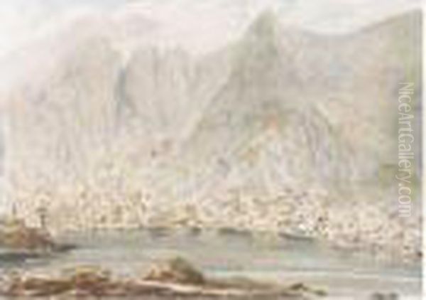Llyn-y-boch On The Lake Of The 
Grey Goat In Nant Ffrankon, Caernarvonshire With The Glynden In The 
Distance; The Entrance Into Nant Frankon Oil Painting by Moses Griffiths