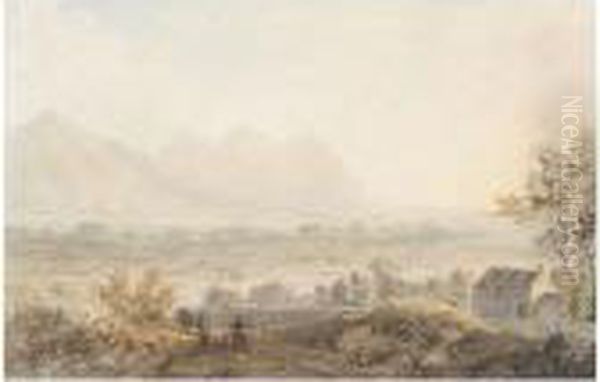 Distant View Of The Eife Hills 
From The Road Between Beddgelert And Caernarvon; Upper Lake At 
Llancerris - Dolbadarn Castle, Caernarvonshire Oil Painting by Moses Griffiths