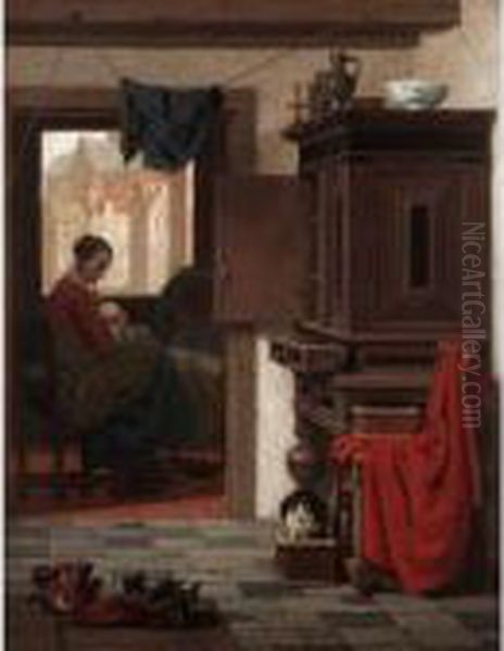 Mother And Baby In An Interior Oil Painting by Charles Joseph Grips