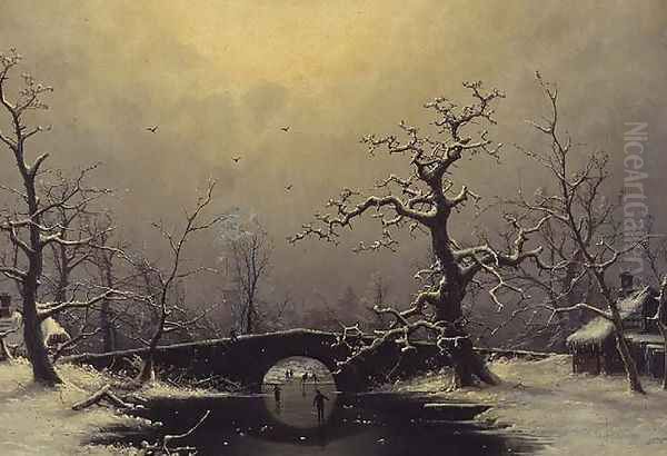 Skaters in a frozen winter landscape Oil Painting by Nils Hans Christiansen