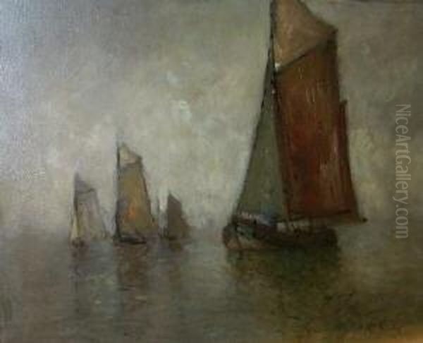 Mehrere Fischkutter Auf Ruhiger See. Unten Rechts Signiert R. Guba Oil Painting by Rudolf Guba