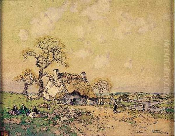 Paysage A La Chaumiere, Anime Oil Painting by Ernest Guerin