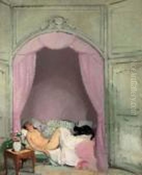 Reclining Nude And Black Cat Oil Painting by Lucien Victor Guirand De Scevola