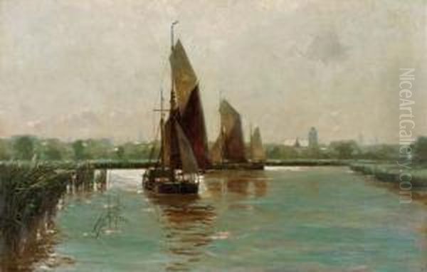 Sailing In A Riverlandscape Oil Painting by Erwin Carl Wilhelm Gunther