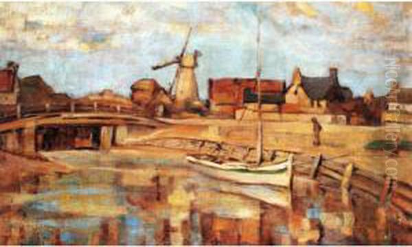 A Windmill By A Habour Oil Painting by Frederick Hall