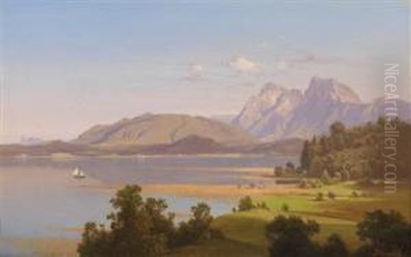 Landscape With Lake In Summer Oil Painting by Anton Hansch