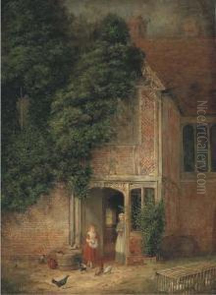 Feeding The Chickens Oil Painting by Frederick Daniel Hardy