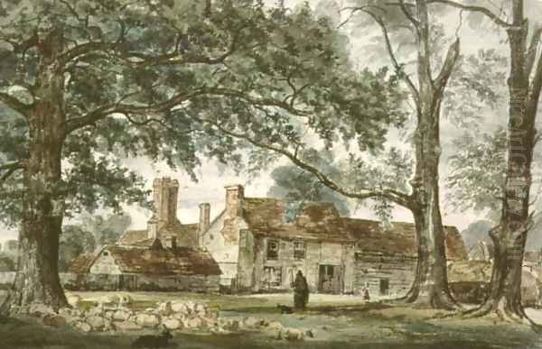 Farm Buildings and a Shepherd with a Flock of Sheep Oil Painting by Thomas Collier