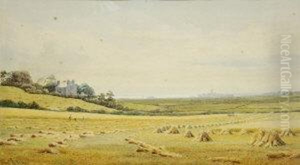 Harvesting Scene In Coastal Landscape Oil Painting by Henry Albert Hartland