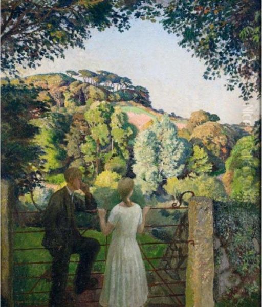 Midge Bruford And Her Fiance At Chywoone Hill, Newlyn Oil Painting by Harvey Harold