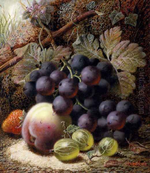 Still Life with Black Grapes, a Strawberry, a Peach and Gooseberries on a Mossy Bank Oil Painting by Oliver Clare