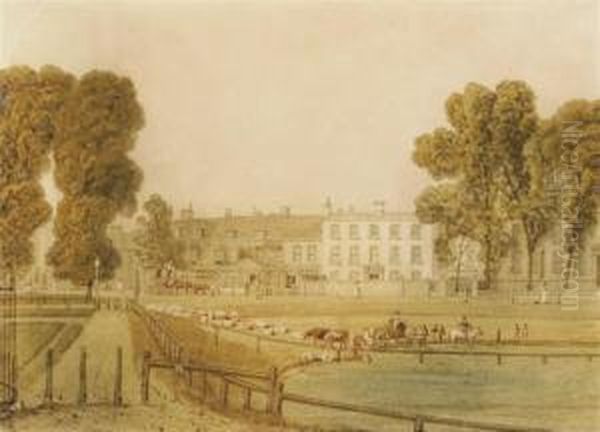 View Of Barnes Pond And The Sun Inn Oil Painting by William Havell