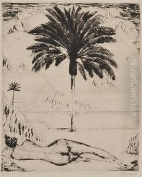 Reclining Nude And Two Palms Oil Painting by Joseph Hecht