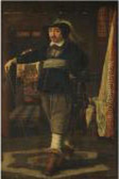 Portrait Of A Cavalier, 
Full-length, In An Interior With Soldiers Loading Their Guns Beyond Oil Painting by Wolfgang Heimbach